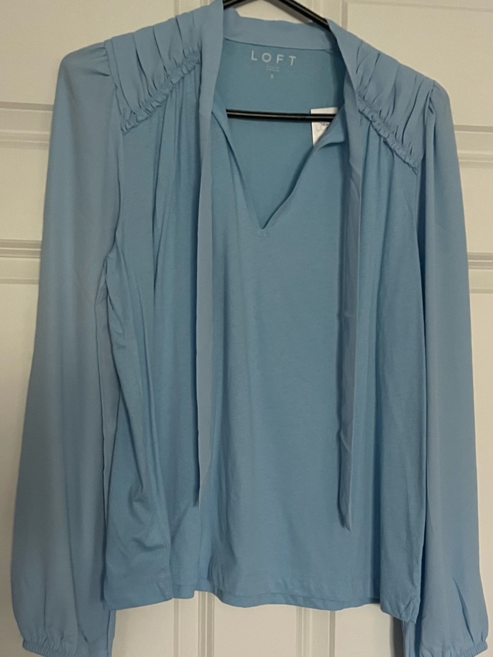 LOFT Sky Blue Long-Sleeve V-Neck Blouse with Tie Detail